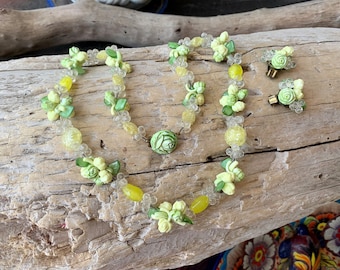 Vintage West Germany Floral Necklace Earrings 1940 1950 Yellow Green Demi Parure Retro Set 2 Rockabilly Bride Bridal Bridesmaid Wedding
