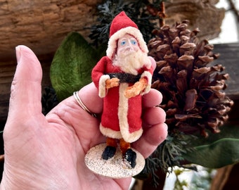 Vintage Clay Santa Christmas Ornament MCM 1930 1940 Felt Santa Chenille Pipe Cleaner Standing Santa Bottlebrush Tree Retro Kitsch Decor