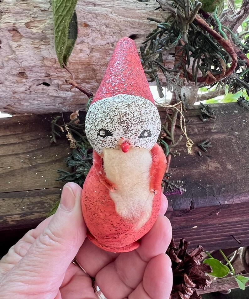 Vintage Spun Cotton Santa Gnome Christmas Ornament MCM 1950 1960 Elf