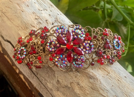 Vintage Red Rhinestone Barrette Red Flower Barrette Retro  display picture 1