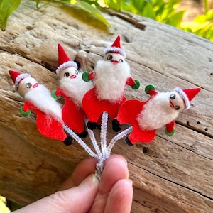 Vintage SHINY BRITE Spun Cotton Santa Christmas Ornament MCM 1950 1960 Retro Santa Elf Pixie Pipe Cleaner Japan Package Tie On Set 4