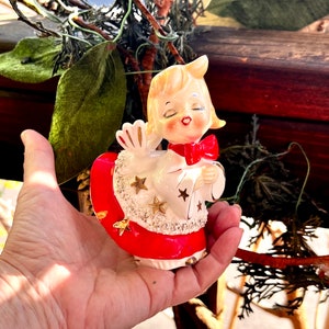 Vintage 1950 LEFTON Christmas Angel Figurine Ornament MCM Ceramic Angel Ruffle Pant Spaghetti Trim Bloomer Girl Japan Retro Kitsch Decor