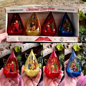 Vintage JewelBrite Nativity Christmas Ornament Baby Jesus Mary Joseph Wisemen 1960 1970 Diorama Reflector Nativity Ornament Set 4 IOB Easter