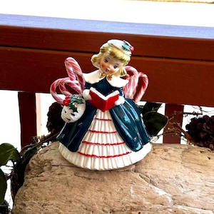 Vintage NAPCO Christmas Victorian Caroler Girl Planter Vase MCM 1950 Planter Candy Cane Holder National Potteries Japan Retro Kitsch Decor