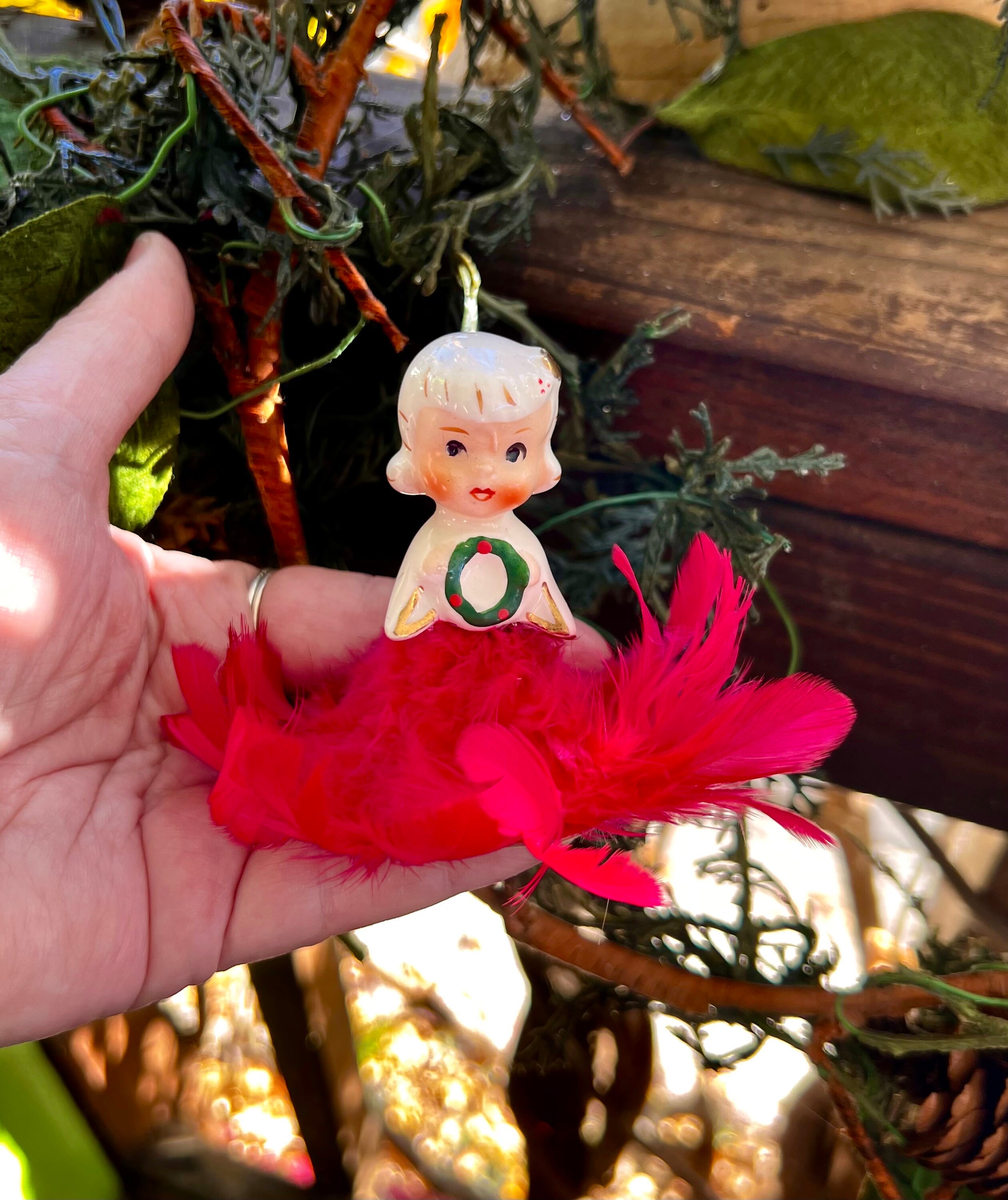 Vintage Holt Howard Pink Girl Christmas Ornament MCM 1950 Feather