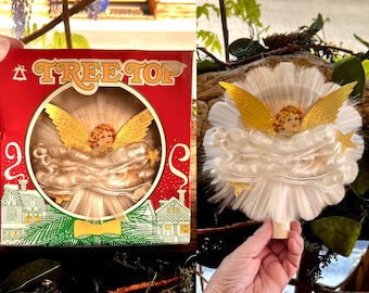 Vintage MCM 1950 1960 Victorian Angel Tree Topper National Tinsel German Spun Glass Christmas Victorian Die Cut Angel Dresden Wings IOB