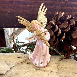 Vintage Pink Angel Christmas Ornament Retro 1960 British Hong Kong Musical Angel Ornament Plastic Angel Musician 3 1/4” Easter Decor