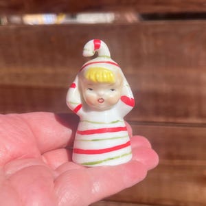 Vintage Christmas 1940 1950 Candy Cane Bell Ornament MCM Ceramic Feather Tree Candy Cane Elf Pixie Bell Retro Kitsch Decor