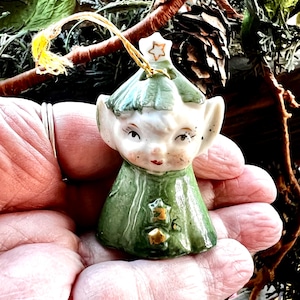 Vintage COMMODORE Elf Pixie Christmas Bell Ornament MCM 1950  Retro Kitsch Ceramic Elf Pixie Bell Japan 2 1/8” St Patrick’s Day Decor
