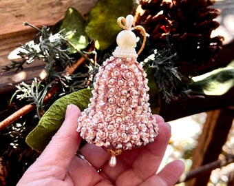 Vintage Pink Sequin Christmas Bell Ornament 1970 1980 Push Pin Sequined Bead Pearl Beaded Bell Retro Kitsch Valentine’s Day Easter Decor