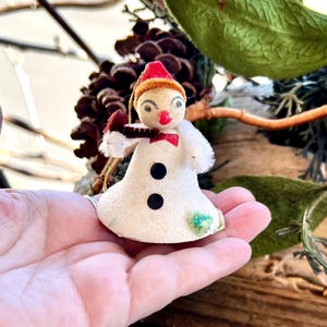 Vintage Shiny Brite Snowman Bell Christmas Ornament MCM 1940 1950 Spun Cotton Snowman Frosty Pipe Cleaner Retro Kitsch Decor RARE