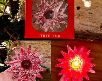 Vintage MCM Star Tree Topper Retro Kitsch Triple Red Glitter Tree Topper Atomic Star Topper Sputnik Lighted poinsettia Plastic Star NIOB