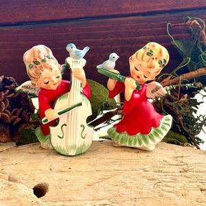Vintage LEFTON Angel Christmas Figurine 1950 MCM Musical Angel Cello Blue Bird Flute Ceramic Valentine Japan Retro Kitsch Decor Set 2