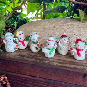 Vintage Christmas Snowman Figurine 1960 1970 Retro Kitsch Anthropomorphic Spaghetti Trim Bone China Snowman LEGO Set 6 MINT Retro Decor
