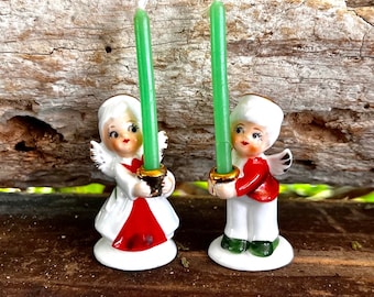 Vintage NAPCO Boy Girl Angel Christmas Candle Holder Bone China Candleholder Retro Kitsch Valentine Decor Set 2