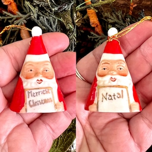 Vintage Ardalt Santa Bell Christmas Ornament 1940 1950 Retro Santa Merriest Christmas Around the World Spanish MCM Ceramic Santa Japan 2”