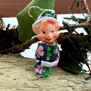 Vintage Elf Pixie Floral Knee Hugger Christmas Ornament 1970 1976 Blue Pink Green Rubber Plastic Felt 5 1/2” Retro Kitsch Easter Decor RARE