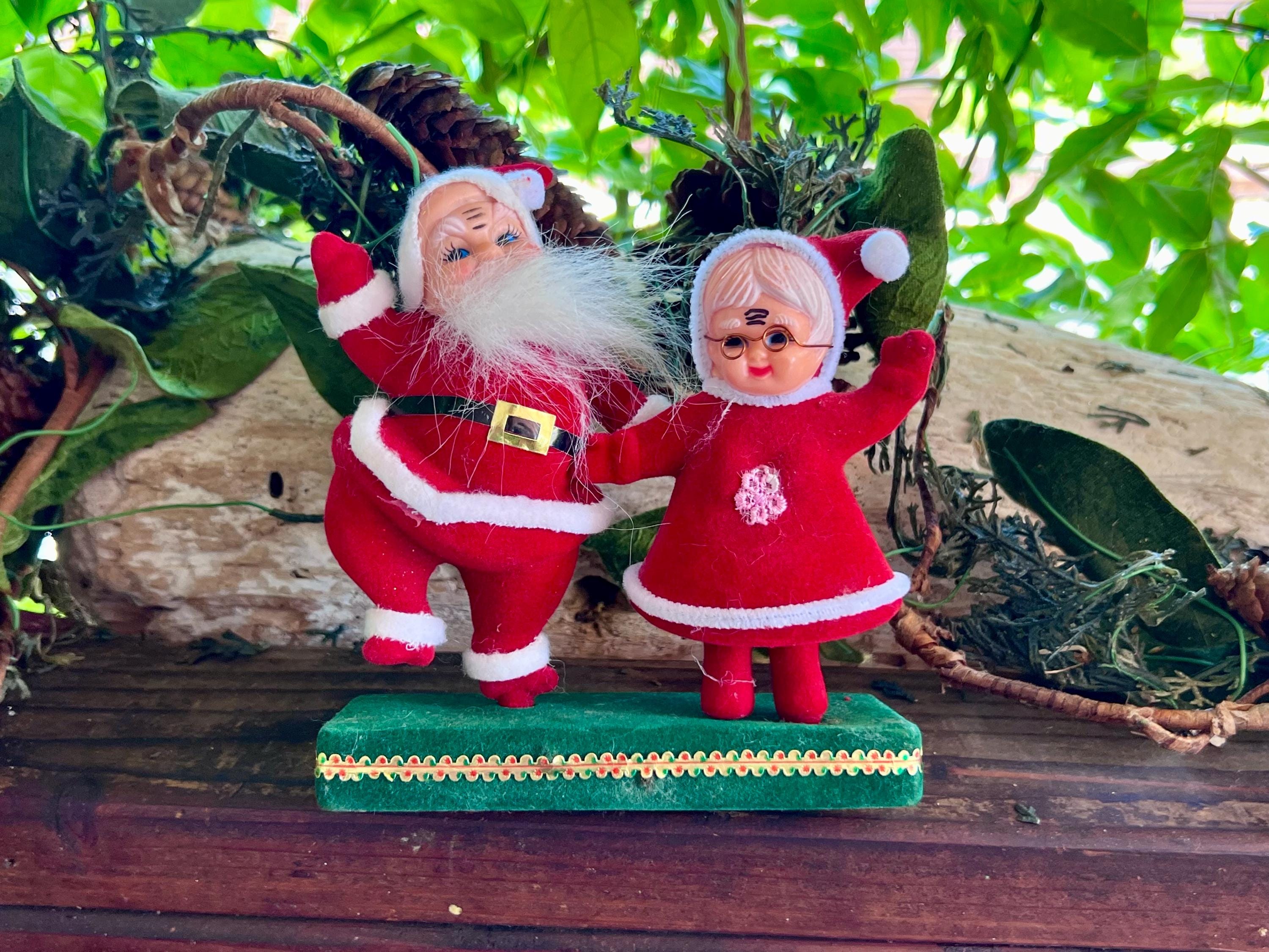 Vintage Christmas Dancing Santa Flocked Claus & Mrs Claus Ornament