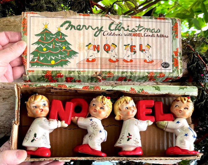 Vintage NOEL Christmas Candle Holders MCM 1959 Napco Pajama Children