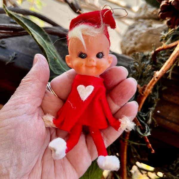 Vintage Hugging Plastic Heart Pixie Knee Hugger Ornament MCM 1960 Rubber Red Mod Elf Pixie Japan Retro Kitsch Valentine’s Day Decor