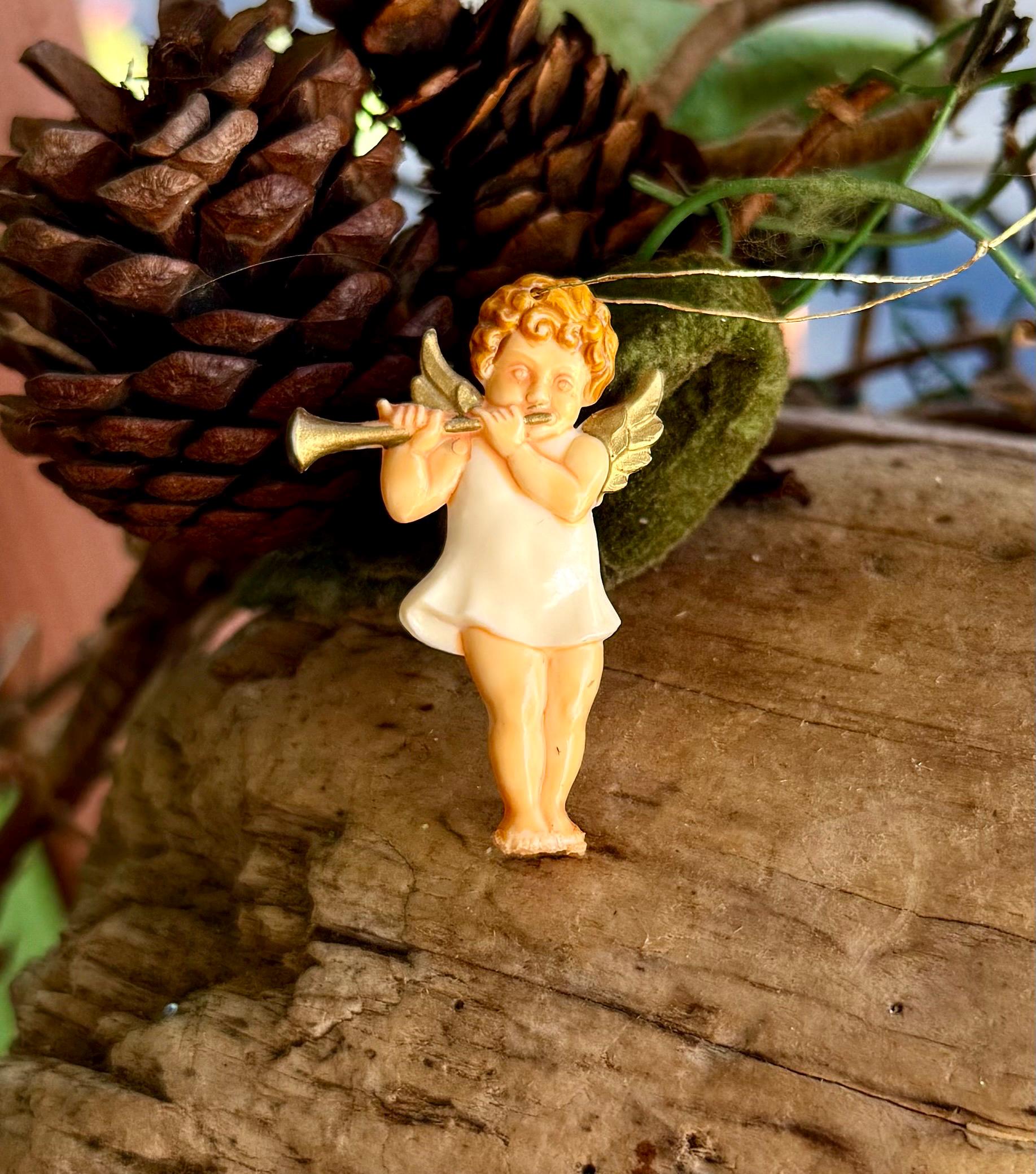 Vintage West Germany Celluloid Angel Horn Christmas Ornament 1940