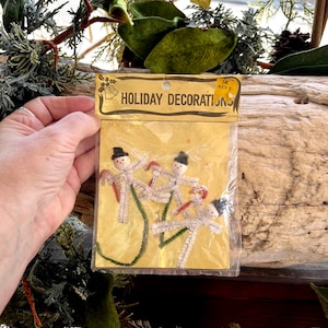 Vintage Snowman Candy Cane Christmas Ornament Mid Century 1950 1960 Spun CottonSnowman Feather Tree Package Tie On Retro Kitsch Decor Set 3