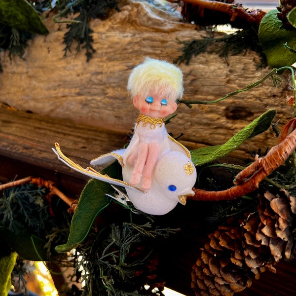 Vintage Pixie Knee Hugger Bird Christmas Ornament 1960 Flocked Bird Plastic Mod Pixie Riding Bird Dove Clip On Retro Kitsch Easter Decor