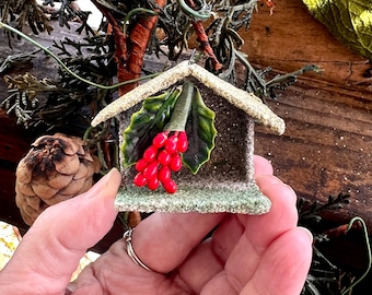 Vintage Mica Putz House Christmas Ornament Putz Diorama Holy Berry Berries 1940 1950 MCM Putz Mica Glitter House Western Germany Ornament