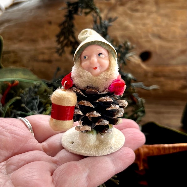 Vintage Elf Pixie Gnome Christmas Ornament Pinecone Gnome Ornament 1950 1960 Gnome MCM Pine Cone Japan Retro Kitsch Decor