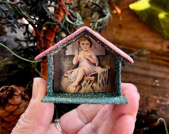 Vintage Jesus Putz House Christmas Ornament West-Duitse Diorama Ornament 1940 1950 MCM Mica Glitter House West-Duitsland