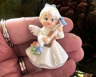 Vintage Napco Angel Blue Bird Figurine Napcoware Ceramic Floral MCM Retro Angel Girl Guitar Flower Spring Easter Decor