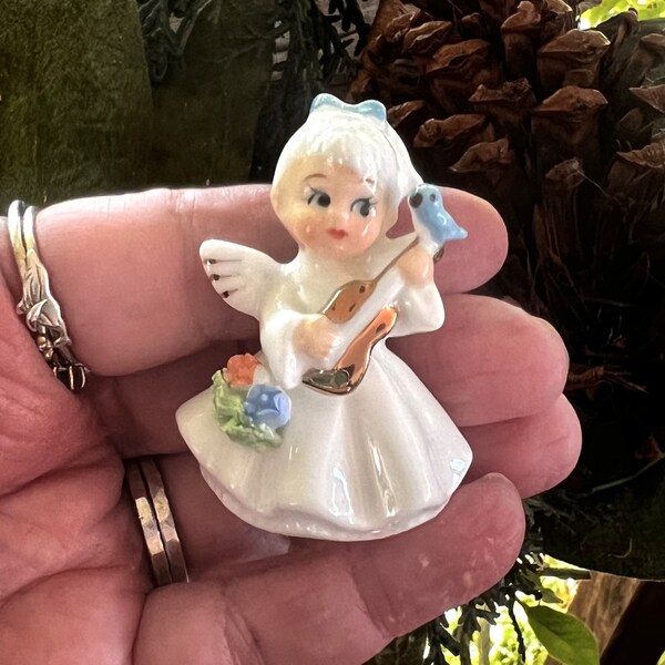 Vintage Napco Angel Blue Bird Figurine Napcoware Ceramic Floral MCM Retro Angel Girl Guitar Flower Spring Easter Decor