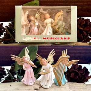 Vintage Angel Christmas Ornaments Retro MCM 1960 British Hong Kong Pink Blue Green Plastic Musical Angel Ornament 3 1/4” Set 3