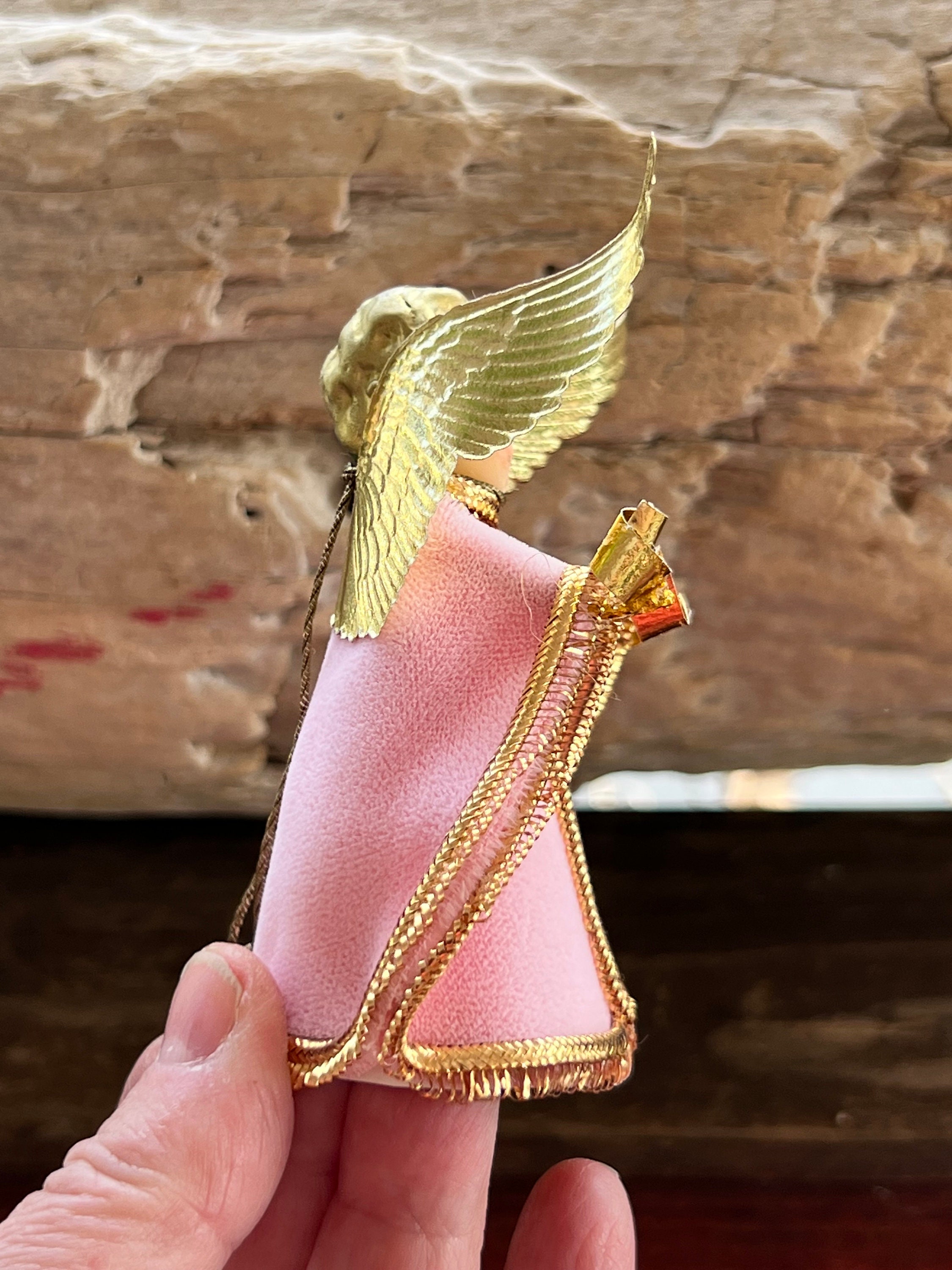 Vintage Koestel Pink Velvet Angel Ornament: MCM Kitsch Decor, West