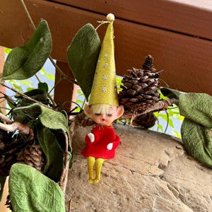 Vintage Pointed Cone Hat Pixie Knee Hugger Christmas Ornament 8” 1950 1960 Plastic BRINNS Elf Pixie Retro Kitsch Decor B