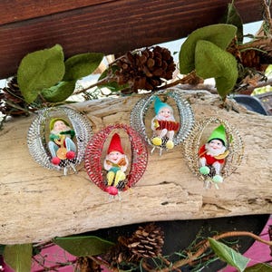 Vintage SHINY BRITE  Mesh Gnome Christmas Ornament MCM 1950 1960 Elf Pixie Pinecone Foil Tinsel Christmas Retro Kitsch Set 4