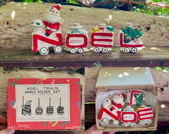 Juego vintage NOEL de portavelas navideños con forma de tren de Papá Noel de 1950, estilo MCM, portavelas navideños retro kitsch, decoración para árbol de Navidad Noel Santa, juego de 4 piezas en caja.
