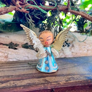 Vintage Shiny Brite Angel Christmas Ornament Turquoise 1950 1960 Blue Metallic Spun Cotton Angel Bottlebrush Tree Japan Easter Decor