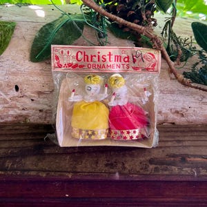 Vintage Christmas 1950 1960 Spun Cotton Angel  Ornament MCM Red Yellow Felt Angel Pipe Cleaner Japan Retro Kitsch Decor Set 2 NIOP