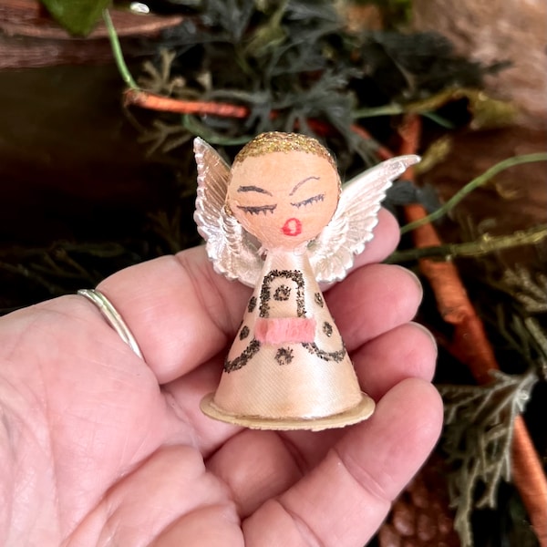 Vintage Spun Cotton Angel Christmas Ornament 1940 1950 Satin White Silver Mica Angel West Germany MCM Retro Kitsch Valentine’s Day Decor