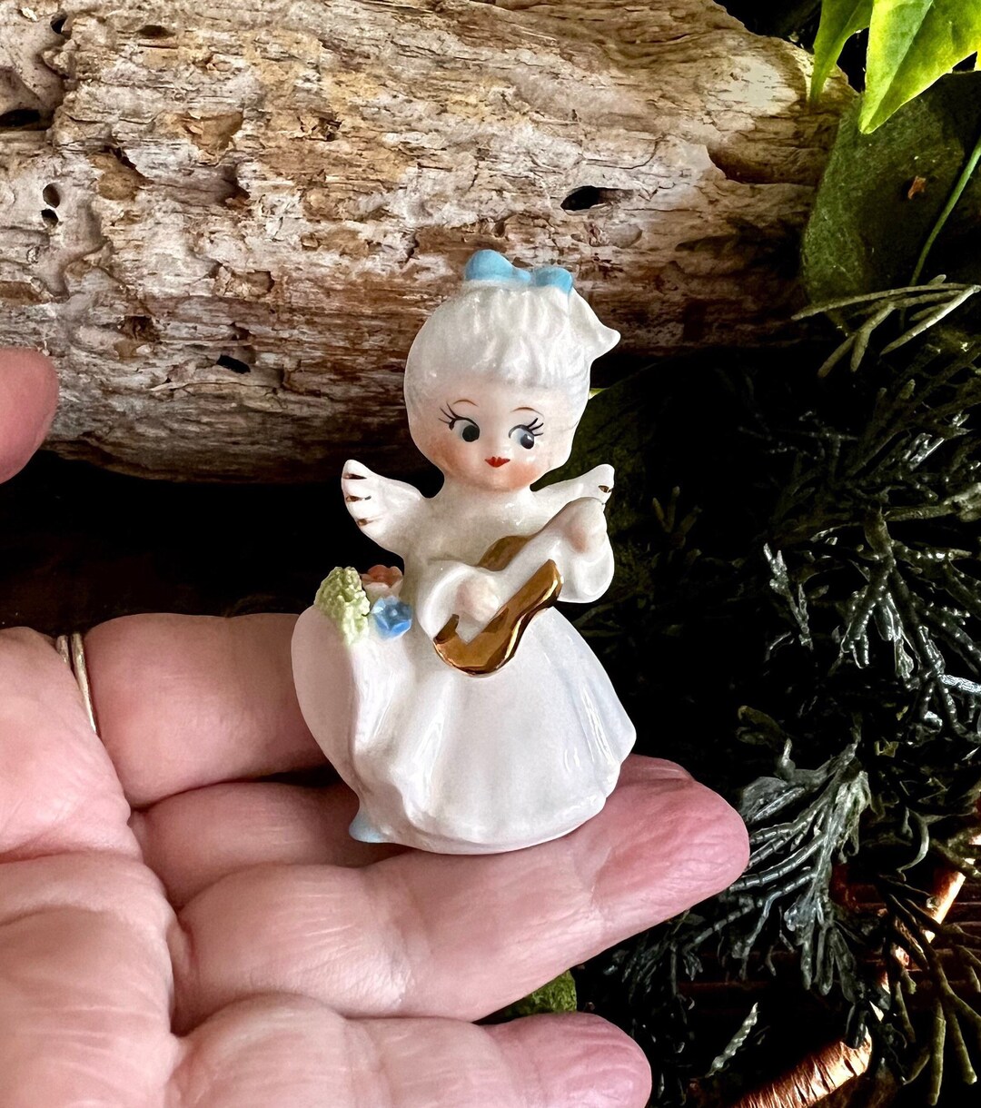 Vintage LEFTON Angel Figurine Floral LEFTON Guitar Angel Ceramic MCM