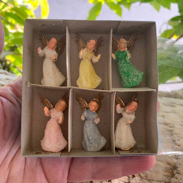 Vintage Sugar Angel Christmas Ornament Retro 1960 Sugar Angel Cupcake Cake Topper Angel Mini 1 1/2” Set 6 NIOB Easter Valentine’s Day Decor