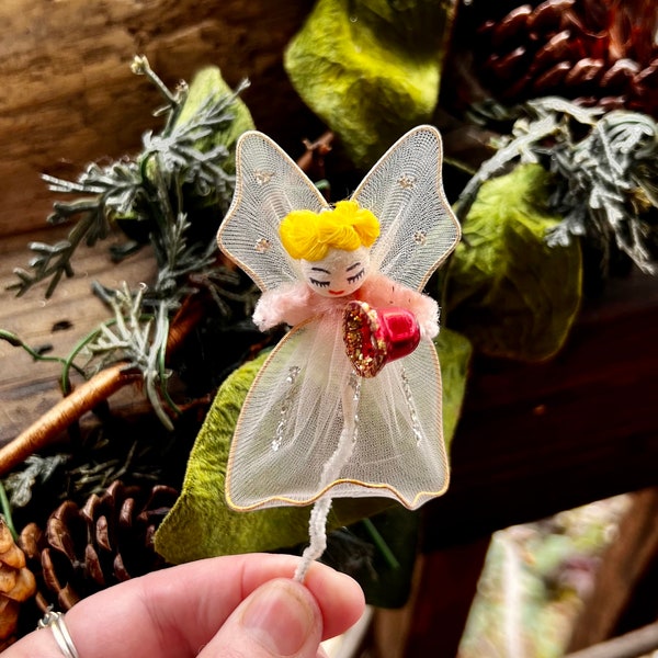 Vintage Angel Christmas Ornament Pink Tulle Angel 1950 1960 Japan Spun Cotton Angel Pipe Cleaner Angel Retro MCM Valentines Day Easter Decor