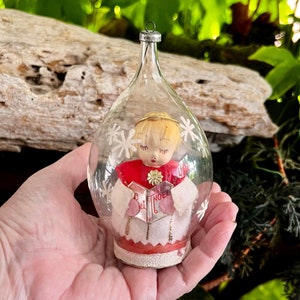 Vintage MCM 1950 Glass Angel Christmas Ornament Diorama Choir Angel Delta Japan Paper Mache Face Feather Retro Kitsch Decor