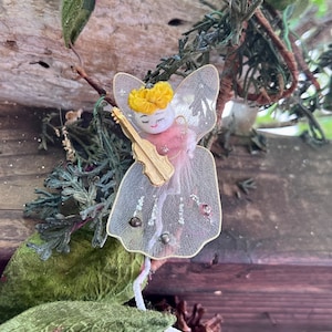 Vintage Christmas Pink Tulle Angel Ornament MCM 1950 1960 Angel Package Tie On Musical Angel Violin Retro Kitsch Valentine Easter Decor  NOS