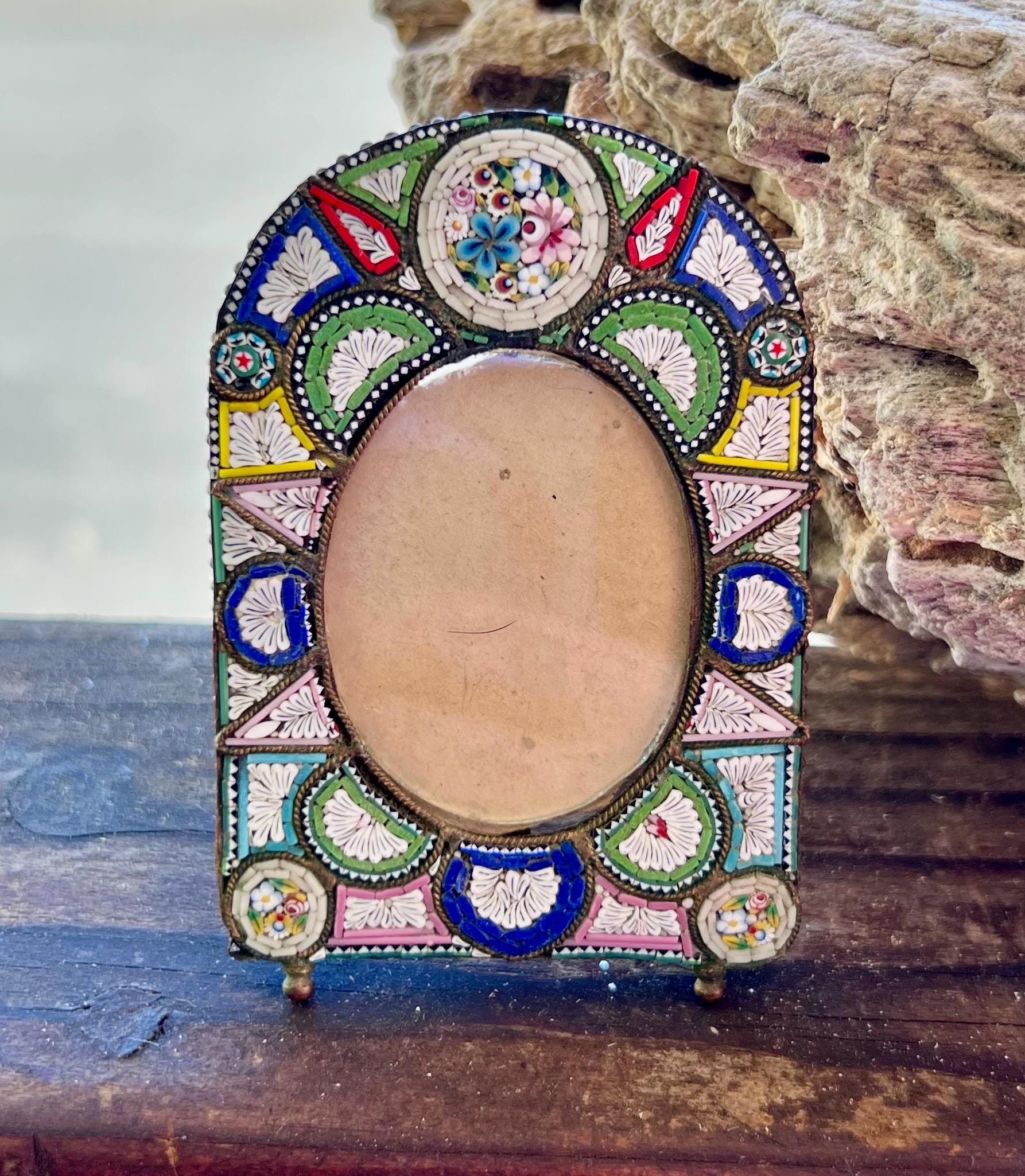 Vintage 1920 Micro Mosaic Rose Frame Italian Floral Stand up