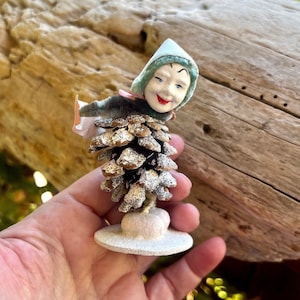 Vintage Clown Jester Christmas Ornament 1930 1940 Clay Elf Elf Pixie Gnome Pinecone Ornament Retro Kitsch MCM Paper Mache Composite Ornament