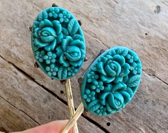 Vintage Turquoise Floral Hairpins 1930 1940 Czech Molded Art Glass Hairpins Blue Flower Bobby Pins Retro Bride Bridal Wedding Rose Spring