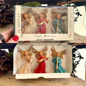 Vintage Angel Christmas Ornament Retro MCM 1960 British Hong Kong Plastic Musical Angel Ornament 3 1/4” Set 3 Valentine Easter Decor NIOB