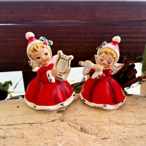 Vintage 1950 NAPCO Christmas Angel Figurine MCM Angel Figurine Ceramic Angel Flute Harp Japan Retro Kitsch Decor Set 2